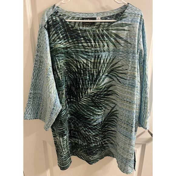 Bob Mackie Wearable Art Green/Blue Palm Leaf Print 3/4 Sleeve Tunic Top SIZE 3X - Picture 3 of 4